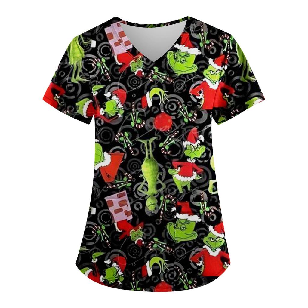 Женские модные топы с короткими рукавами и V-образным вырезом с принтом, рабочие футболки с карманами