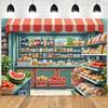 Двумерный фон продуктового рынка Мультяшный магазин с баннером со свежими продуктами для детских ролевых игр и украшения дня рождения