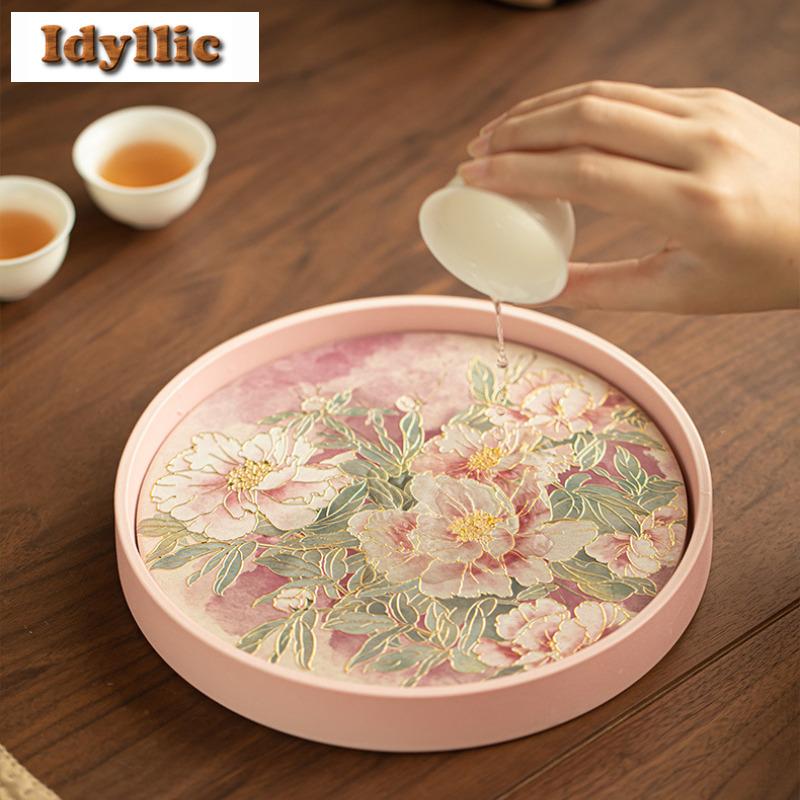 Embossed Gold-stamped Peony Tea Tray Cake Rack Coffee Storage Board Teapot Stove Insulation Dishes For Serving Chinese Tea Set