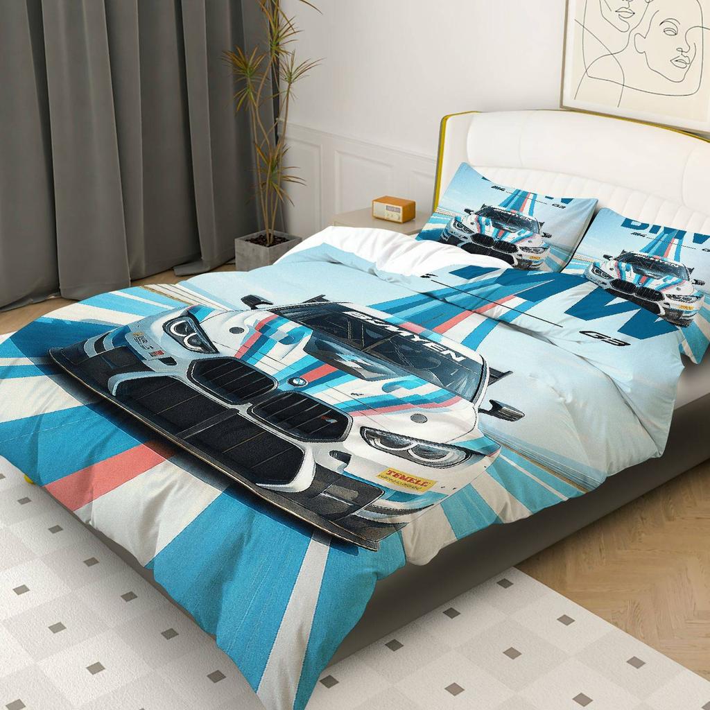 3pcs Duvet Cover Set, 1 Duvet+2 Pillowcases( Without filler), Racing Car Stripe Pattern Automobile Speed Enthusiast theme, No- Festival bedd