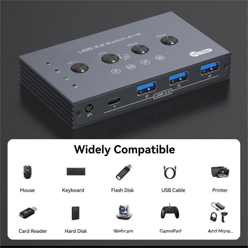 USB 3.2 Switch: 4 USB-A inputs, 3 USB 3.2 outputs, 1 USB-C output with Hub.
