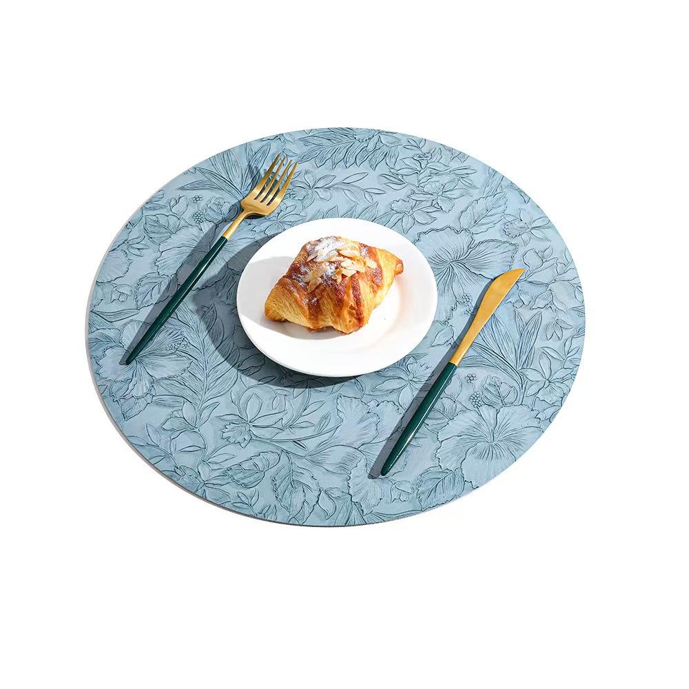 Round Floral Leather Place Mats 34cm, Heat Resistant Non-Slip Washable, Dual-Sided Two-Color Kitchen Coffee Table Mats for Home