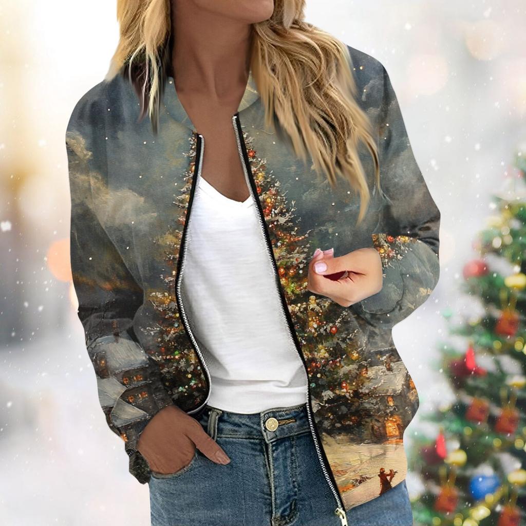 Женская легкая короткая куртка с длинными рукавами на молнии с принтом, повседневная стеганая куртка с карманами, рождественская