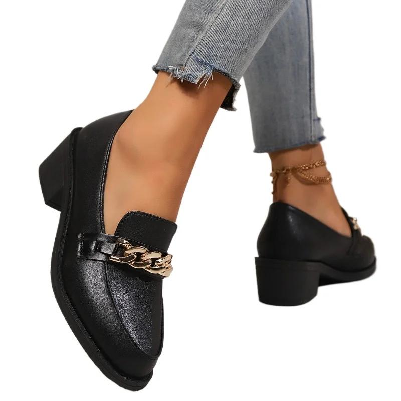 Fashion Female Shoes On Sale 2024 High Quality Slip On Women's Pumps Autumn Pointed Toe Chain Solid Dress Chunky Heels Plus Size Shoes