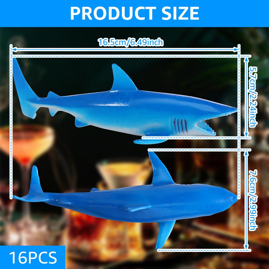 16Pcs PVC Shark for Drinking Reusable Hollow Shark Decor Filled Flavor Syrup for Cocktail Lemonade for Theme Party Ocean Animals