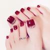 Wine Red Full Cover False Nails DIY Nail Art Tip 3D Rhinestones Fake Toe Nails Short Nails Patch