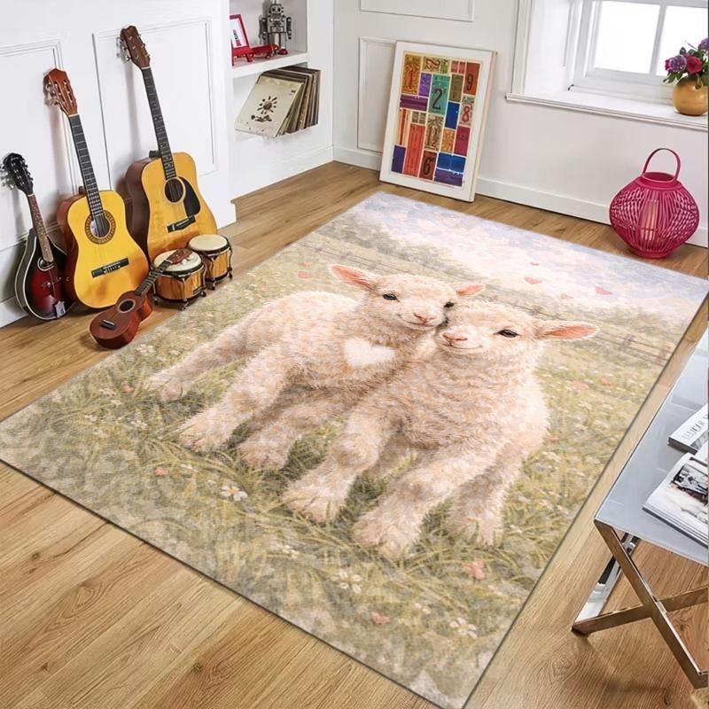 Adorable Lamb Pattern Carpet Mat Rug Cozy Home Decoration Cute Sheep Design Living Room Bedroom Nursery Soft Fluffy Area Rug