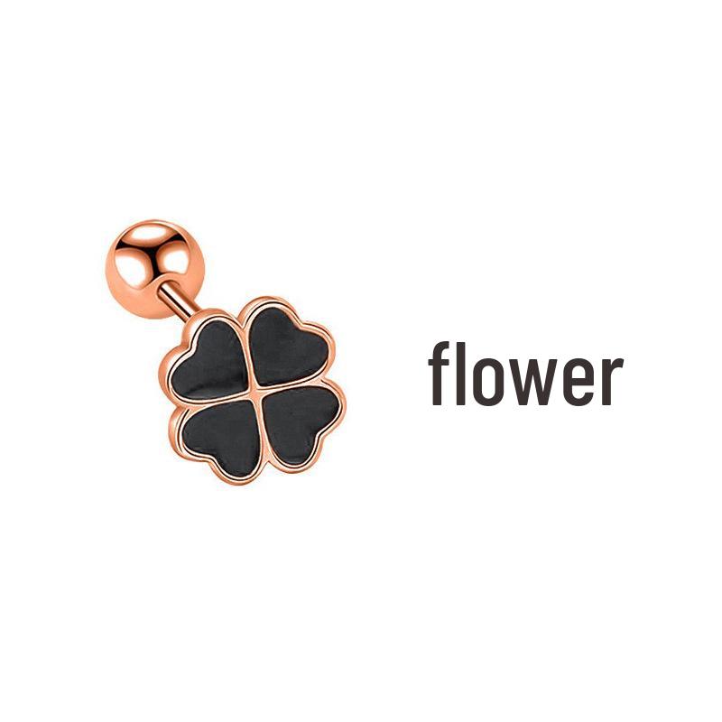 Exquisite Black Heart Four-Leaf Clover Screw Back Earrings with Drip Glue for Women