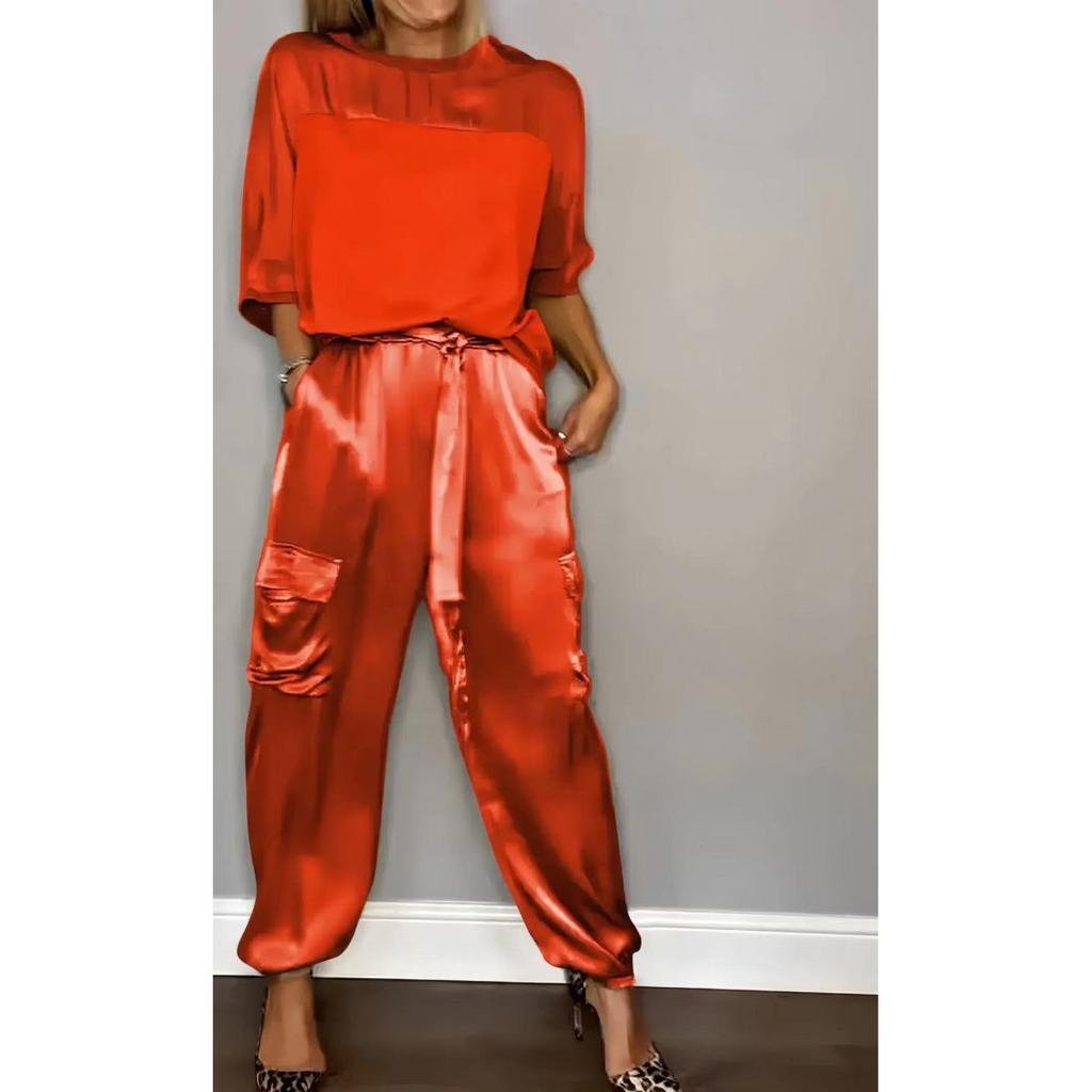 Женский комплект, однотонный комплект из гладкого атласа, топ с рукавами три четверти и брюки, комплект из двух предметов