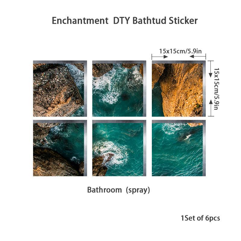 6PCS Ocean Wave Bathtub Sticker Non-slip Waterproof 3D Effect Self-adhesive Bathroom Decal PVC Removable Decorative Mural 15x15cm