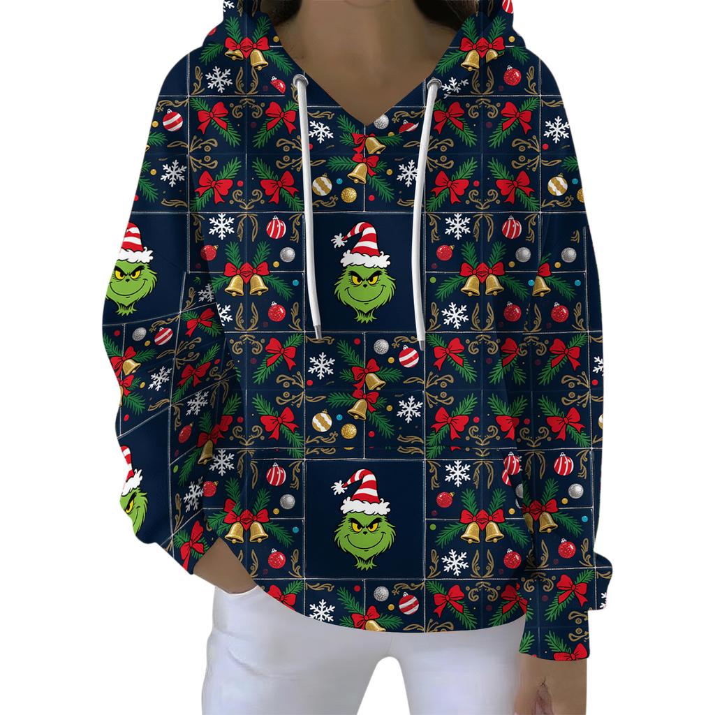 Ladies' Loose And Comfortable Drawstring V-neck Long Sleeved Christmas Printed Sweatshirt