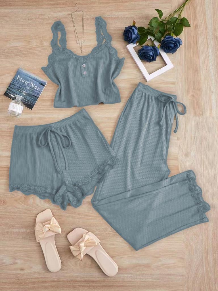 Популярный женский кружевной пижамный комплект: Комплект из трех предметов: шорты, длинные брюки и майка – Сексуальная домашняя одежда