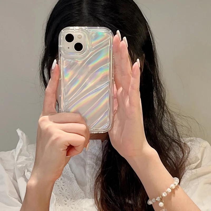 Чехол-накладка 6D Лазерная Волна Авроры Блестящий для iPhone 16E 15 14 13 12 11 Pro Max 17air 16 Мягкая Защита от Ударов