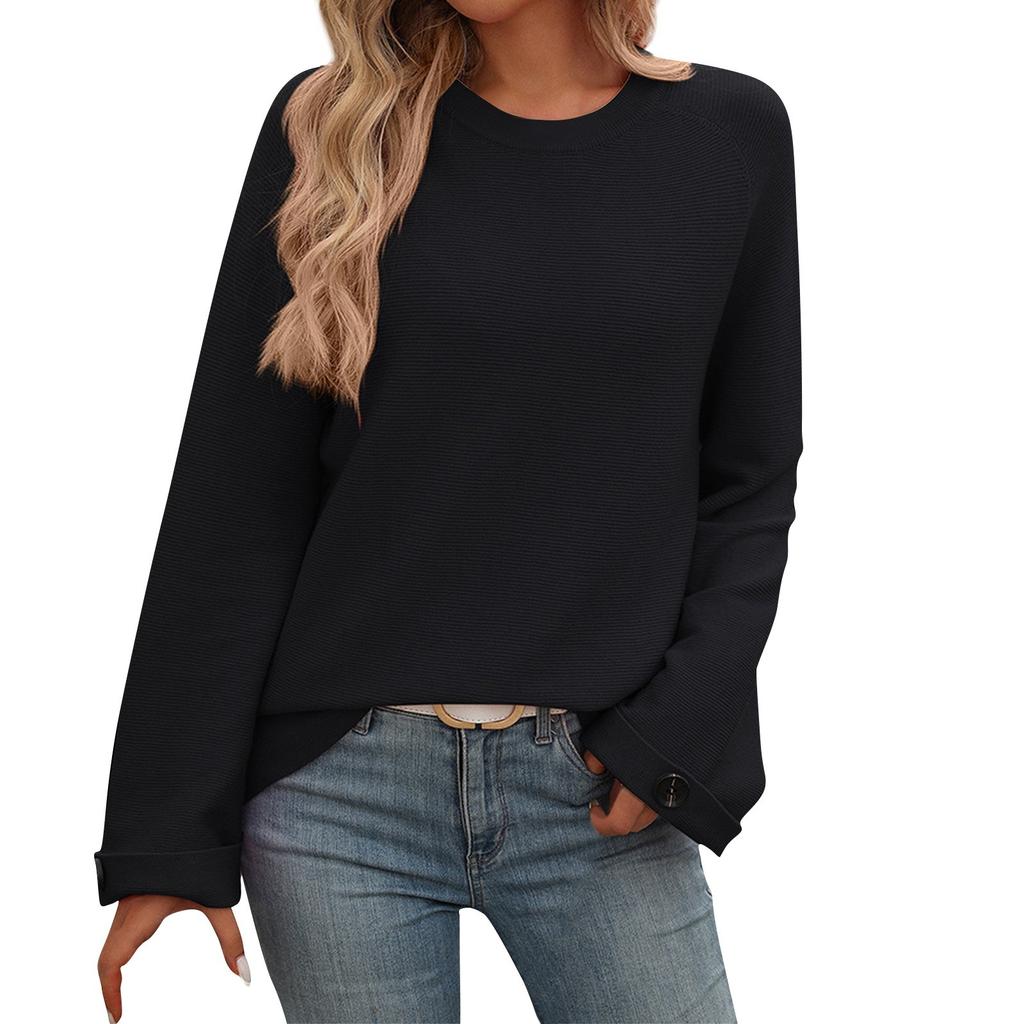 Женская мода однотонный круглый вырез с пуговицами длинный рукав свитер топ