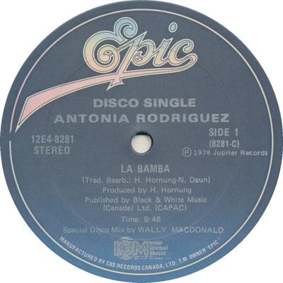 7-дюймовая пластинка ANTONIA RODRIGUEZ - La Bamba E48281 Epic, Inter Glo 1978 Канада Соул/Фанк Б/у