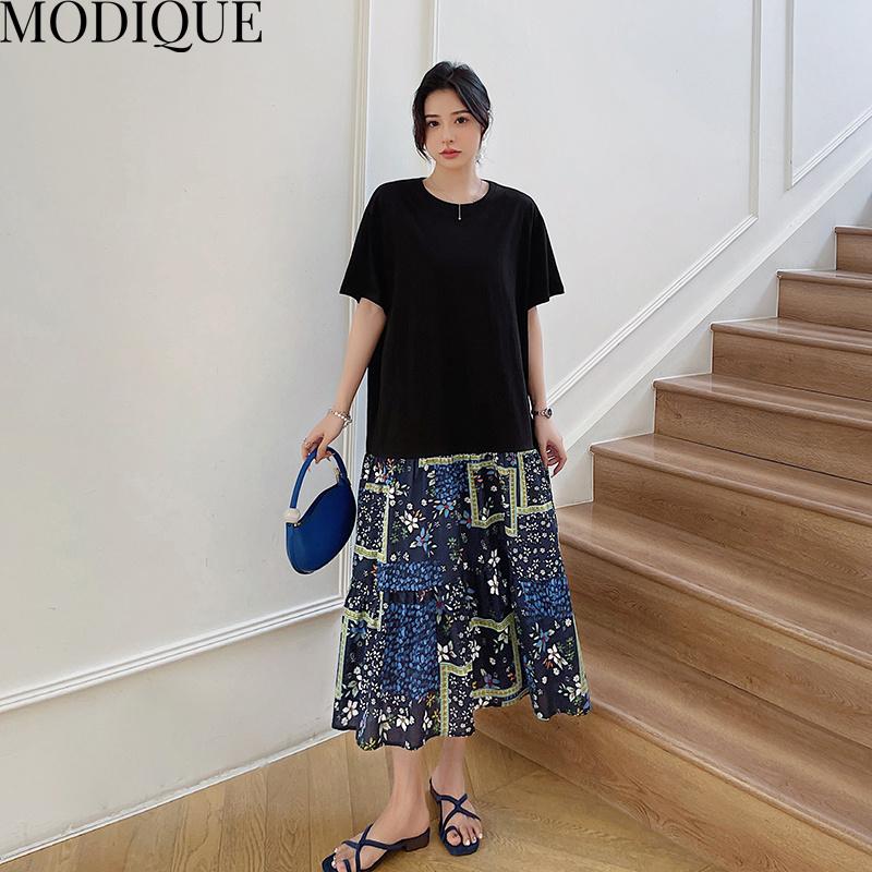 MODIQUE Summer Plus Size New Dress Shirt Women Loose Patchwork Floral Cotton Linen A-Line Dress Casual Female Dresses O-Neck Short Sleeve