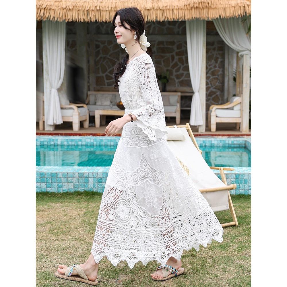 Dimanaf 2025 Женский новый костюм юбка вязаный пляжный короткий рукав кружевной ажурный сексуальный О-образный вырез ажурный летний стиль топы футболки свободные базовые