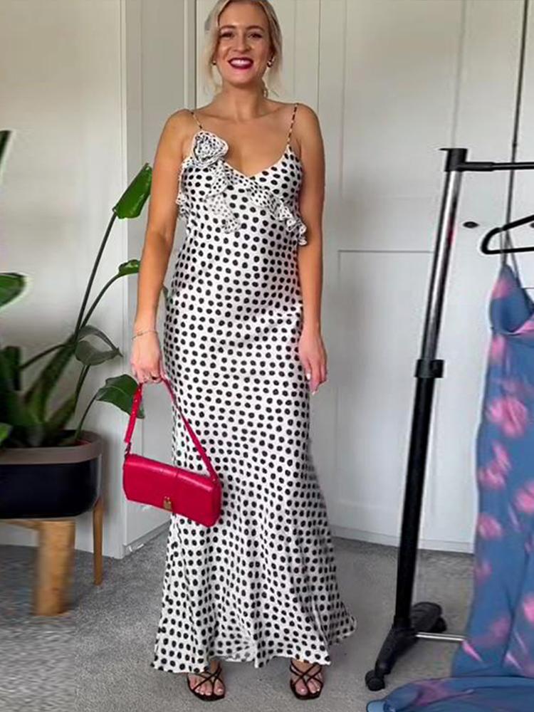 Длинное платье на бретельках с принтом в горошек, женское длинное платье с v-образным вырезом, без рукавов, с открытой спиной и 3D цветком, женское летнее праздничное женское платье