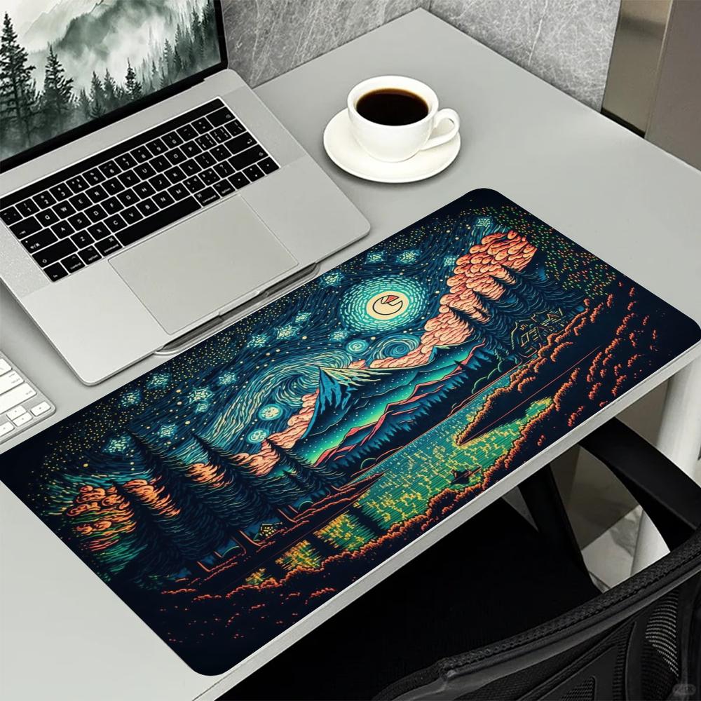 Fantasy Moon Night Forest Deer Mouse Pad Large Black Desk Mat Starry Nonslip Rubber Mousepad Home Stitched Enchanted Night