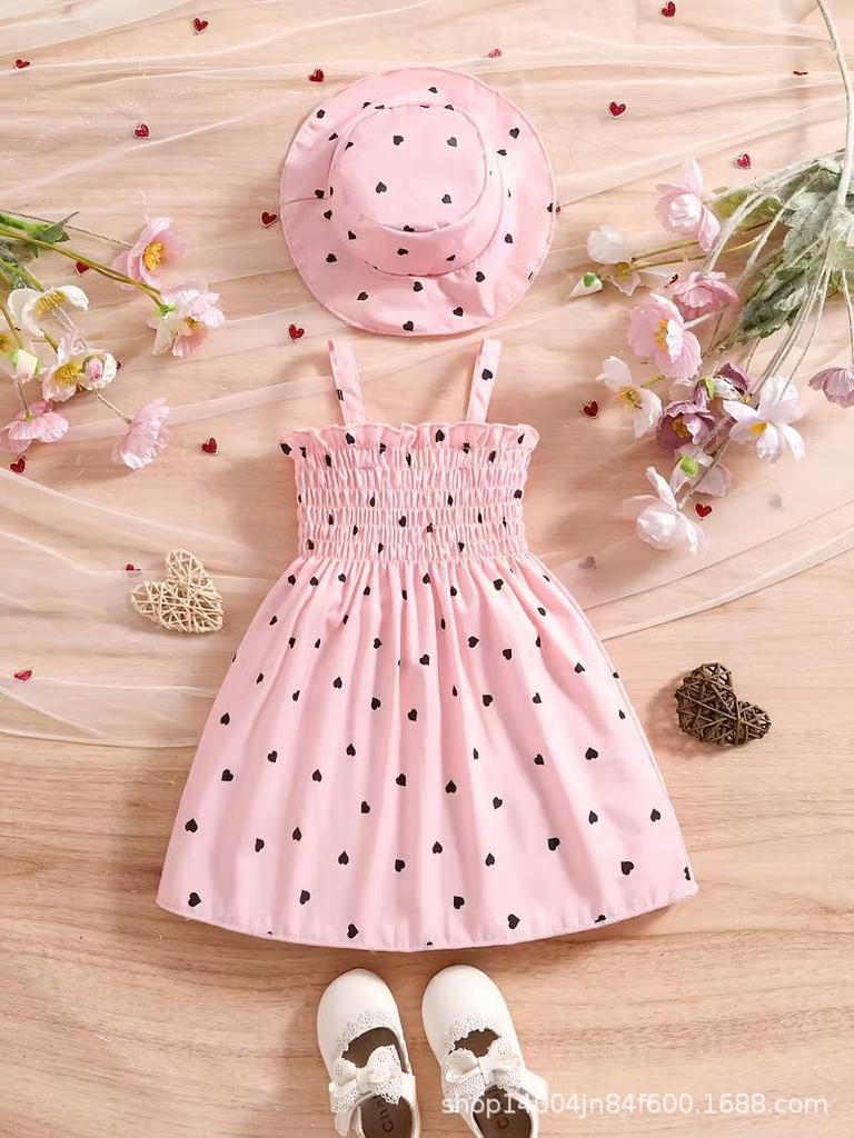 Toddler Girl Heart Smocked Dress and Hat Set Kids Beach Wear