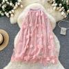 Summer Women Mesh Embroidery 3D Flower High Waist Long Midi Tulle Skirt