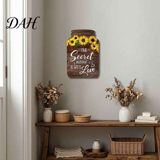 Rustic Wall Art Decor Mason Jar Shape Decoration, Wooden with Sunflower Print, Housewarming Gifts for New Home Retro Hanging Farmhouse Kitchen Living