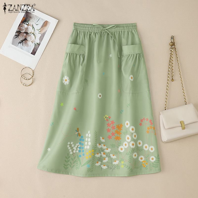 ZANZEA Женские летние юбки с эластичной талией, свободные, повседневные, с цветочным принтом