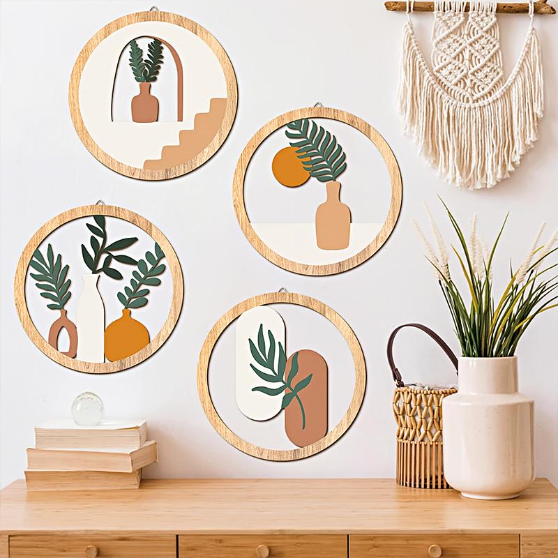 4pcs/Set Wood Homestay Crafts Decorative Hollow Pattern Wall Hanging Circular Design Pendants Home Decoration