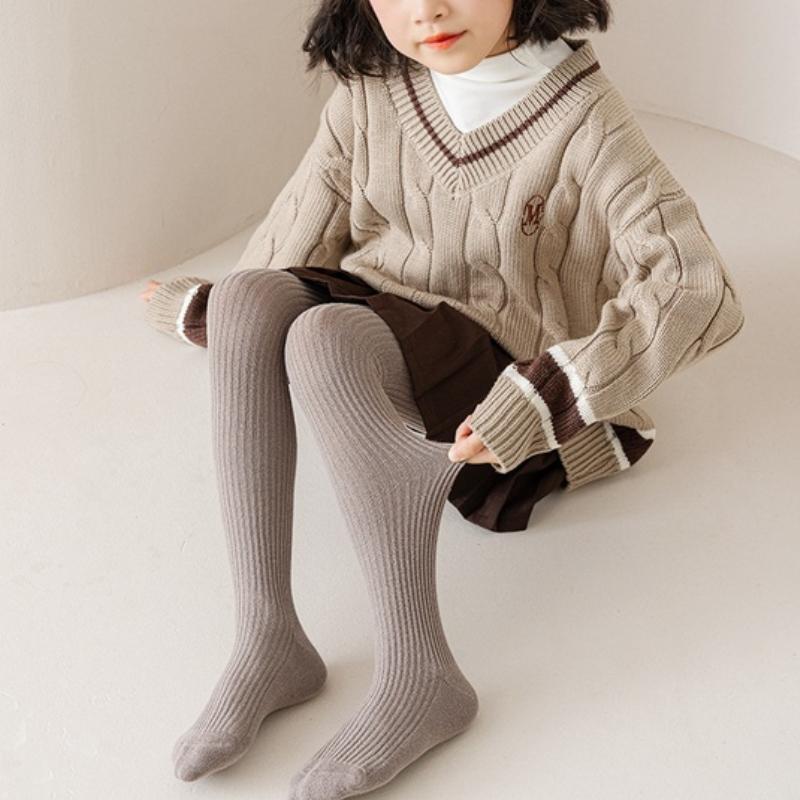 Spring Autumn Children's Warm Tights Solid Color Vertical Stripe Girl Pantyhose Fashion Non Dropping Crotch Kids Dance Panties