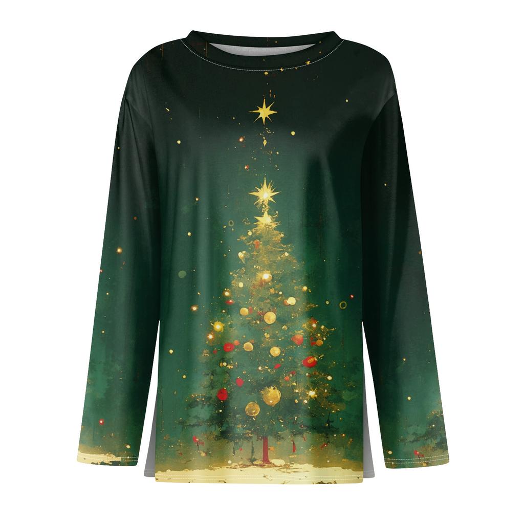 Women's Fashion Casual Slit Hem Round Neck Long Sleeve Loose Printed T-Shirt Top