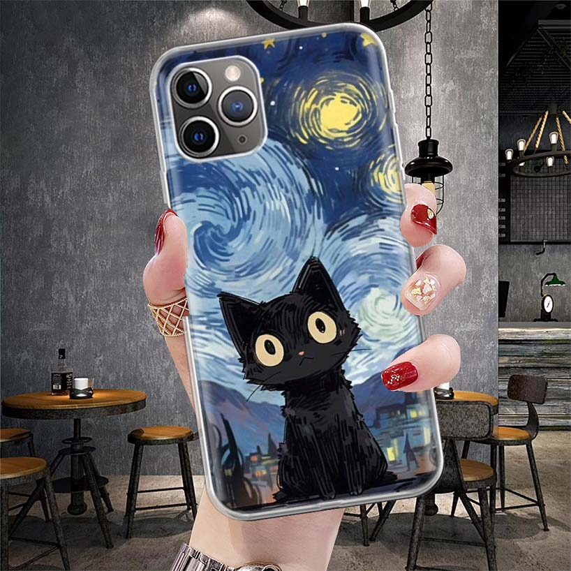 Аниме Милый Черный Кот Мяу Мягкий Чехол Для Телефона Для IPhone 11 17 Air 16E 16 Pro Max 15 + 14 Plus 13 Mini 12 Apple 7 SE 8 Fundas Coque