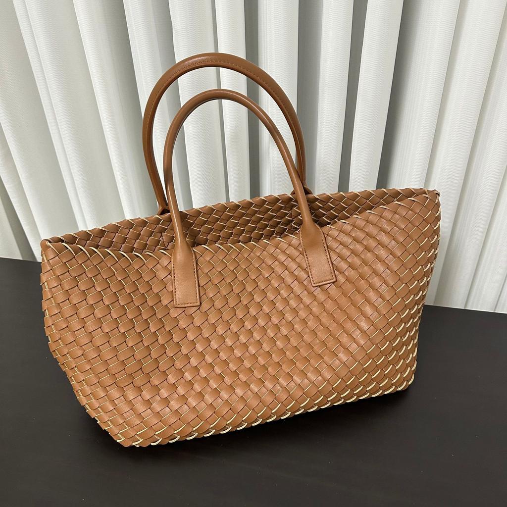 Новая ручная одноплечевая кожаная плетеная женская сумка-тоут, большая вместимость, повседневная плетеная сумка для овощей