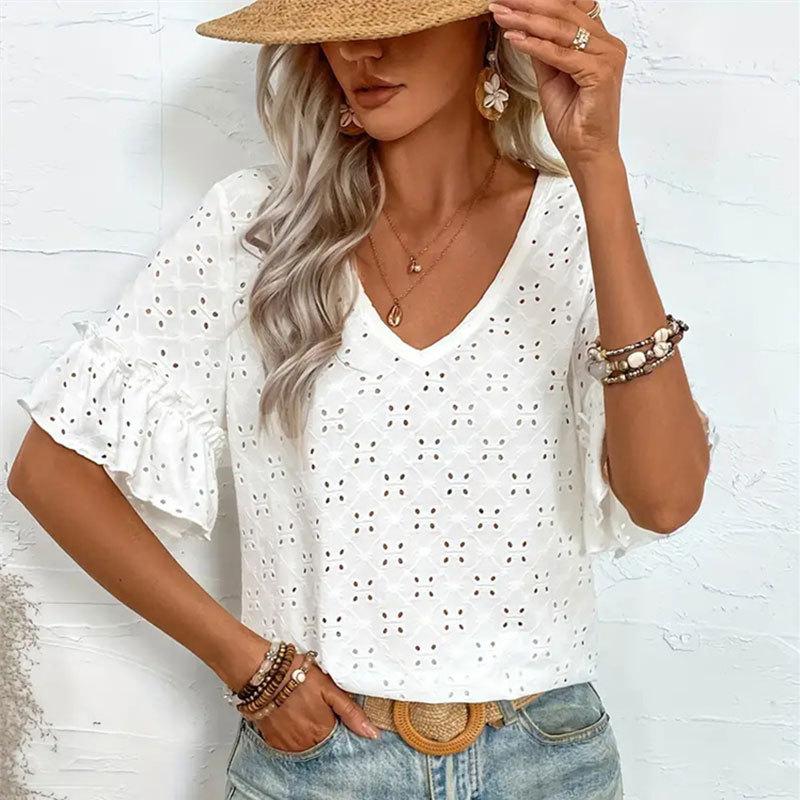 Plus Size Women's Summer T-shirt Knitted Embroidery Hollow Ruffle V-neck Short-sleeved Blouse Women's T-shirt