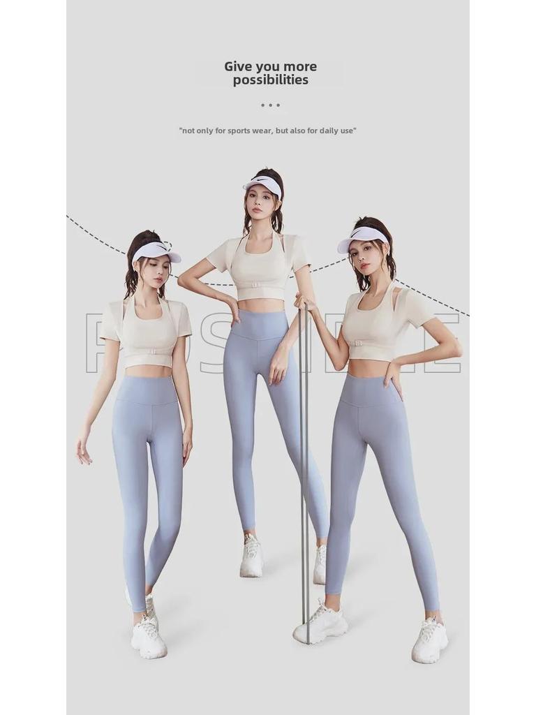 Peach Halter Neck Yoga Suit with Chest Pad - Short Sleeve, Tight Fit