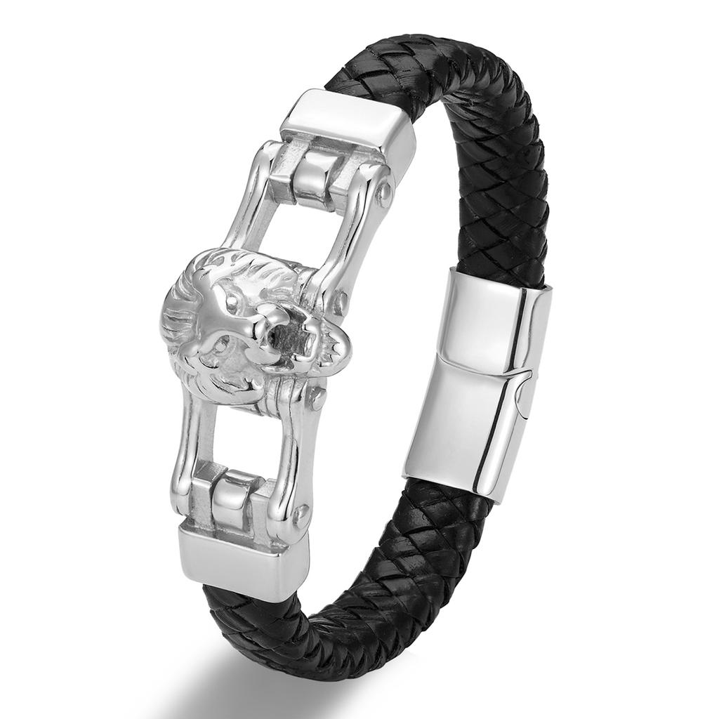 New Punk Design Gold Color Animal Genuine Leather Bracelet Men Female Stainless Steel Lion Wolf Leopard Bangle Wristband Jewelry