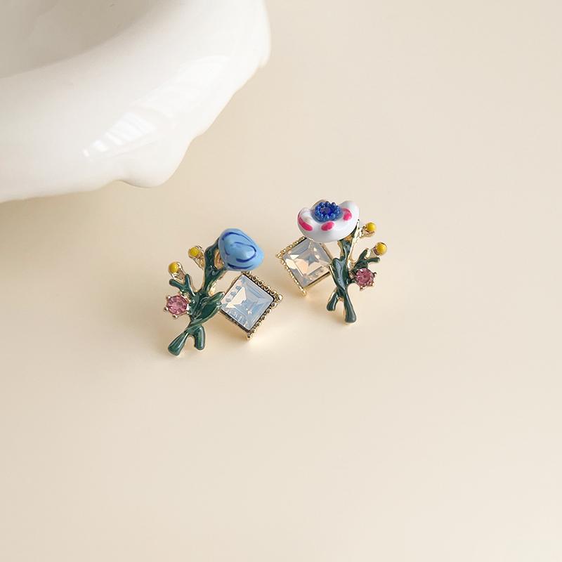 Dripping Enamel Flower Series Real 925 Silver Gold Plant Stud Earrings For Women Small Niche Accessories