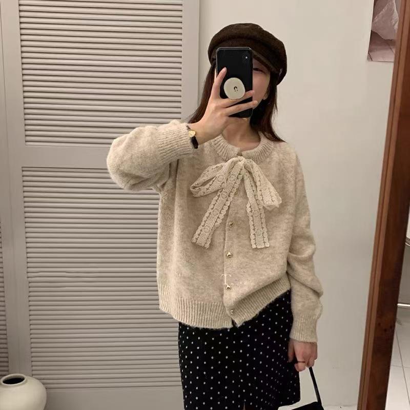 Korean Style Lace-Up Round Neck Sweater Coat - Women's Autumn/Winter Loose-Fit Knitted Cardigan