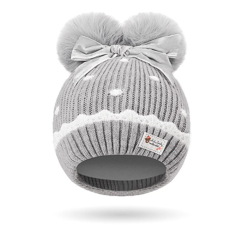 Детская осенне-зимняя шапка для девочек с бантом для волос, теплая вязаная защитная шапка для ушей, детская шерстяная шапка