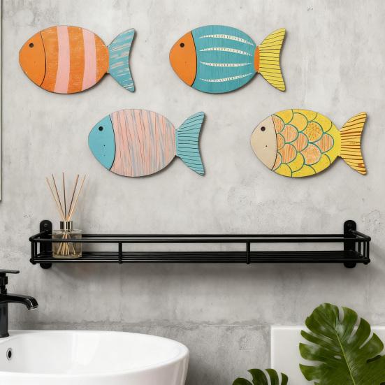 Yousheng 4 Pcs Wood Fish Nautical Beach Wall Decor Coastal Ocean Theme Wooden Fish Wall Art Rustic Lake House Wall Sculpture for Living Room Bedroom