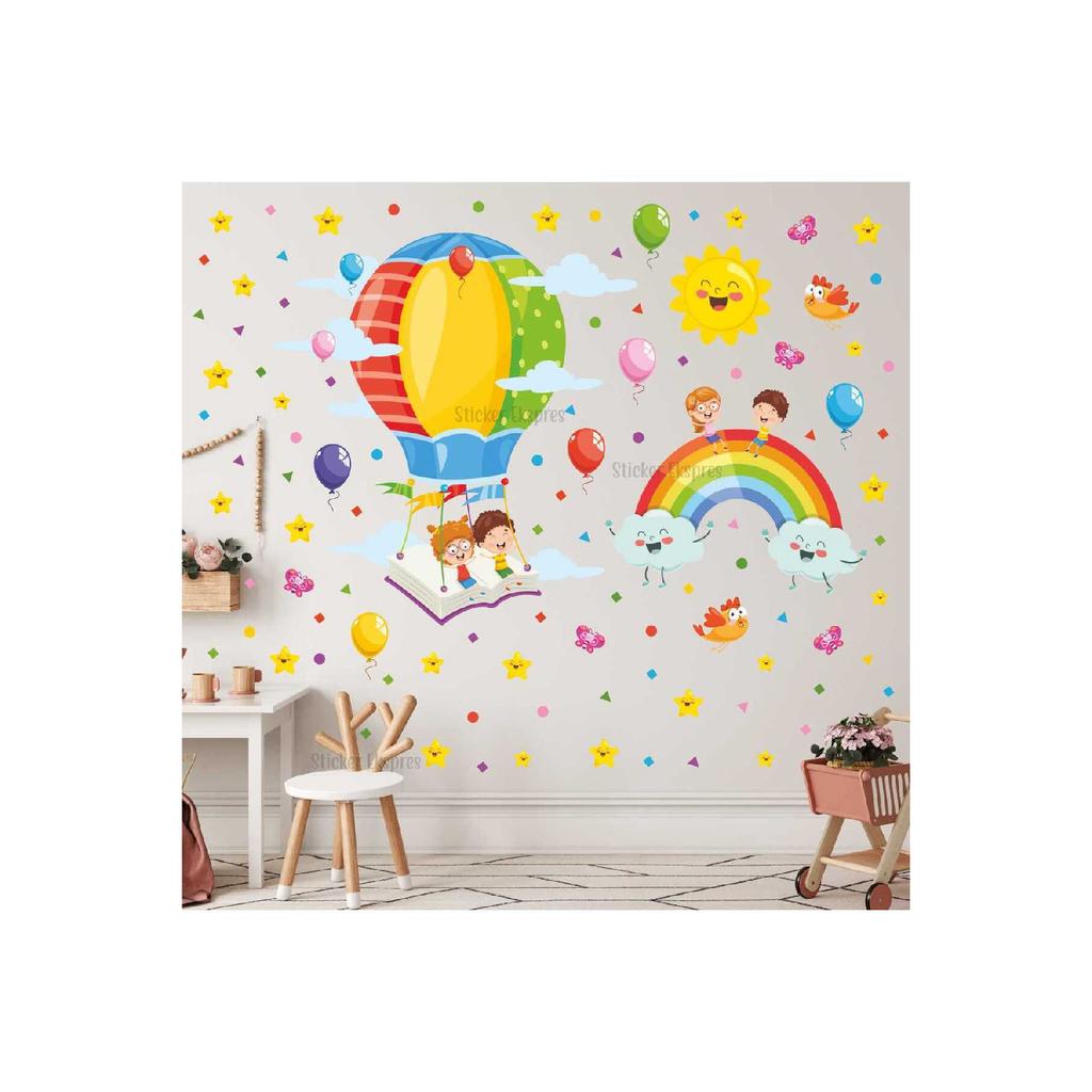 Kids Flying In Balloons From The Book Kindergarten School Children's Room Nursery Wall Door Glass Sticker Set