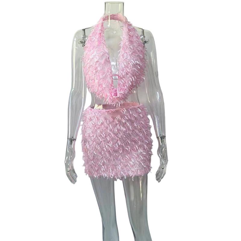 Европейский и американский сексуальный комплект с халтером, V-образным вырезом и облегающей короткой юбкой для женщин