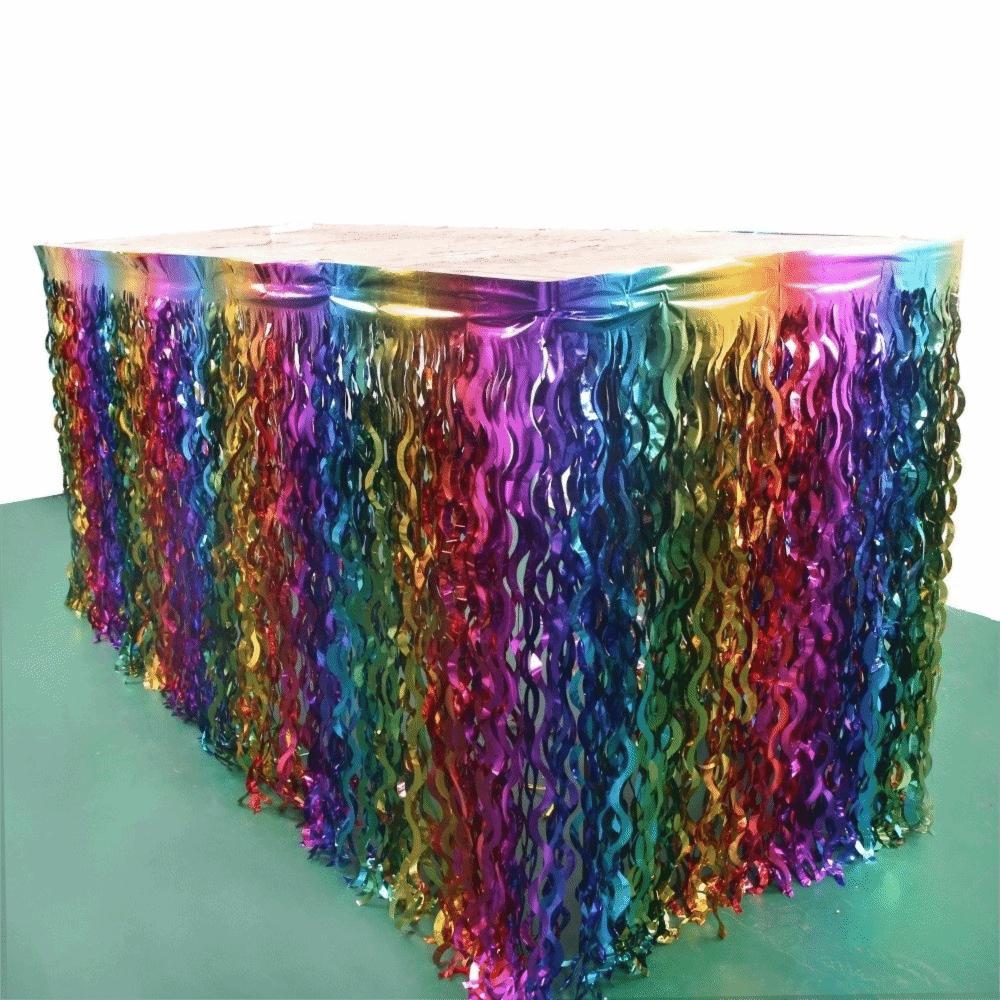 Rainbow Gradient Foil Fringe Table Skirt Wavy Design Table Decor Ornament Birthday Party
