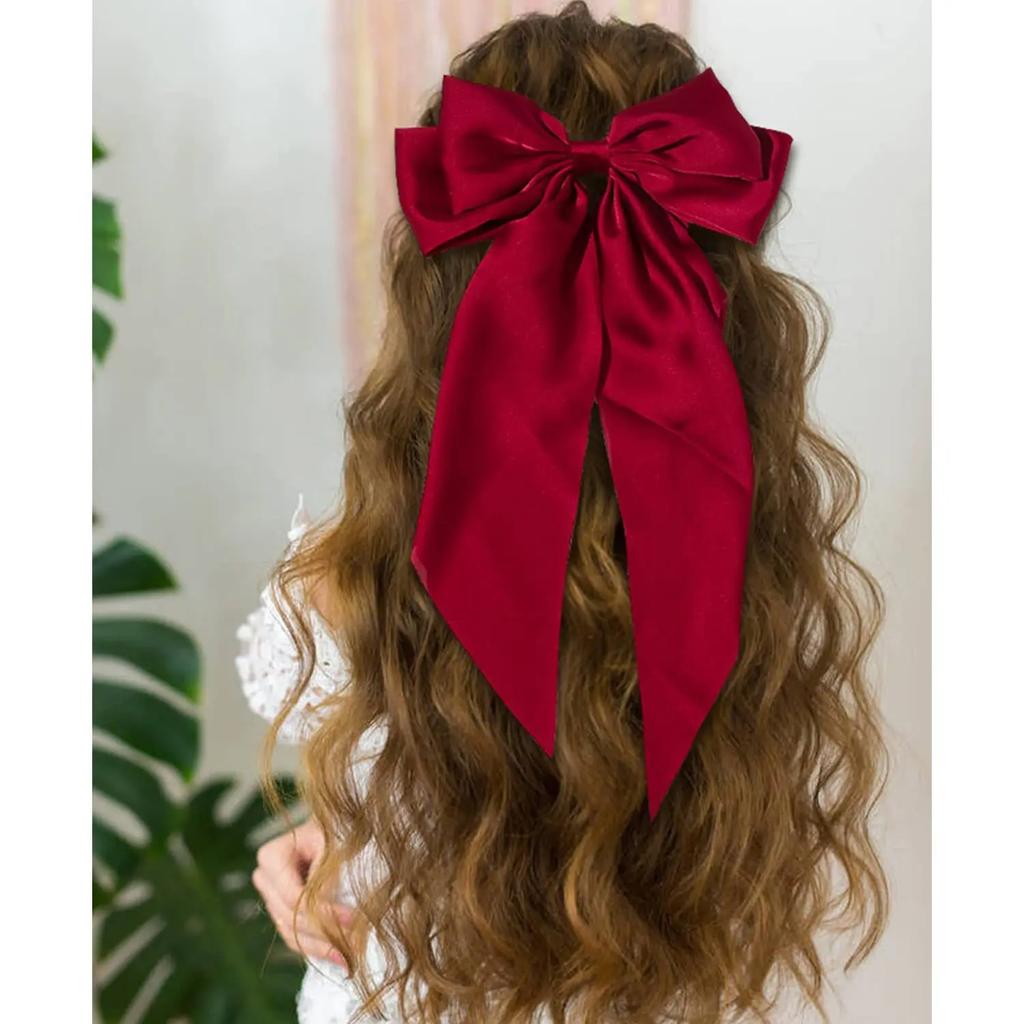 Women Solid Color Long Big Bow Long Float Satin Spring Clip Back Head Hair Clip Internet Red with The Same Temperament Elegant