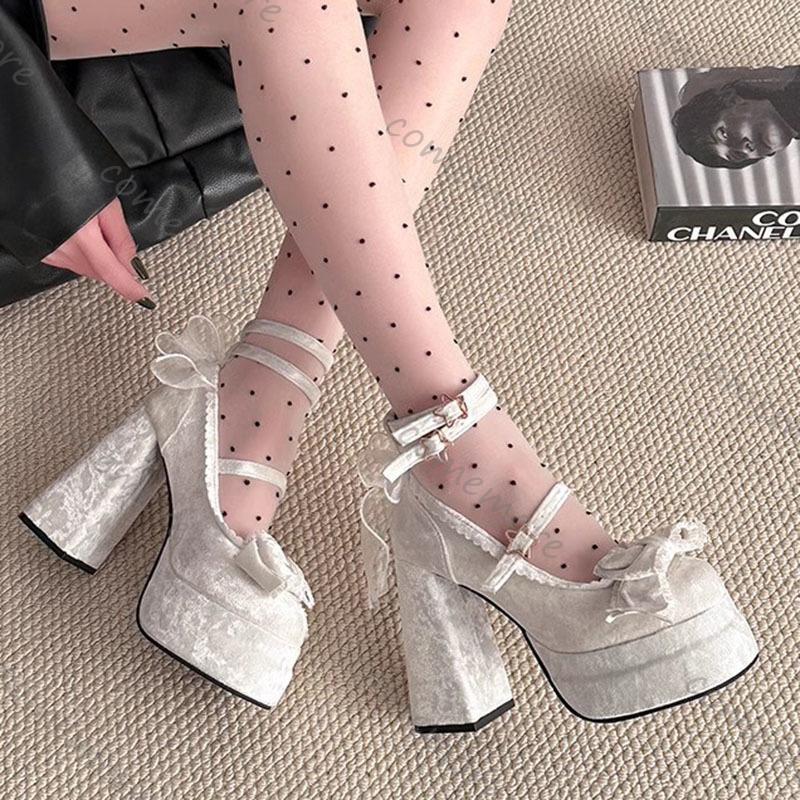 Fashion Comemore Platform Women Lolita Pumps Fashion Shallow Chunky High Heel Female Shoes Night Club Ankle Buckle Bow Dress Heels Women