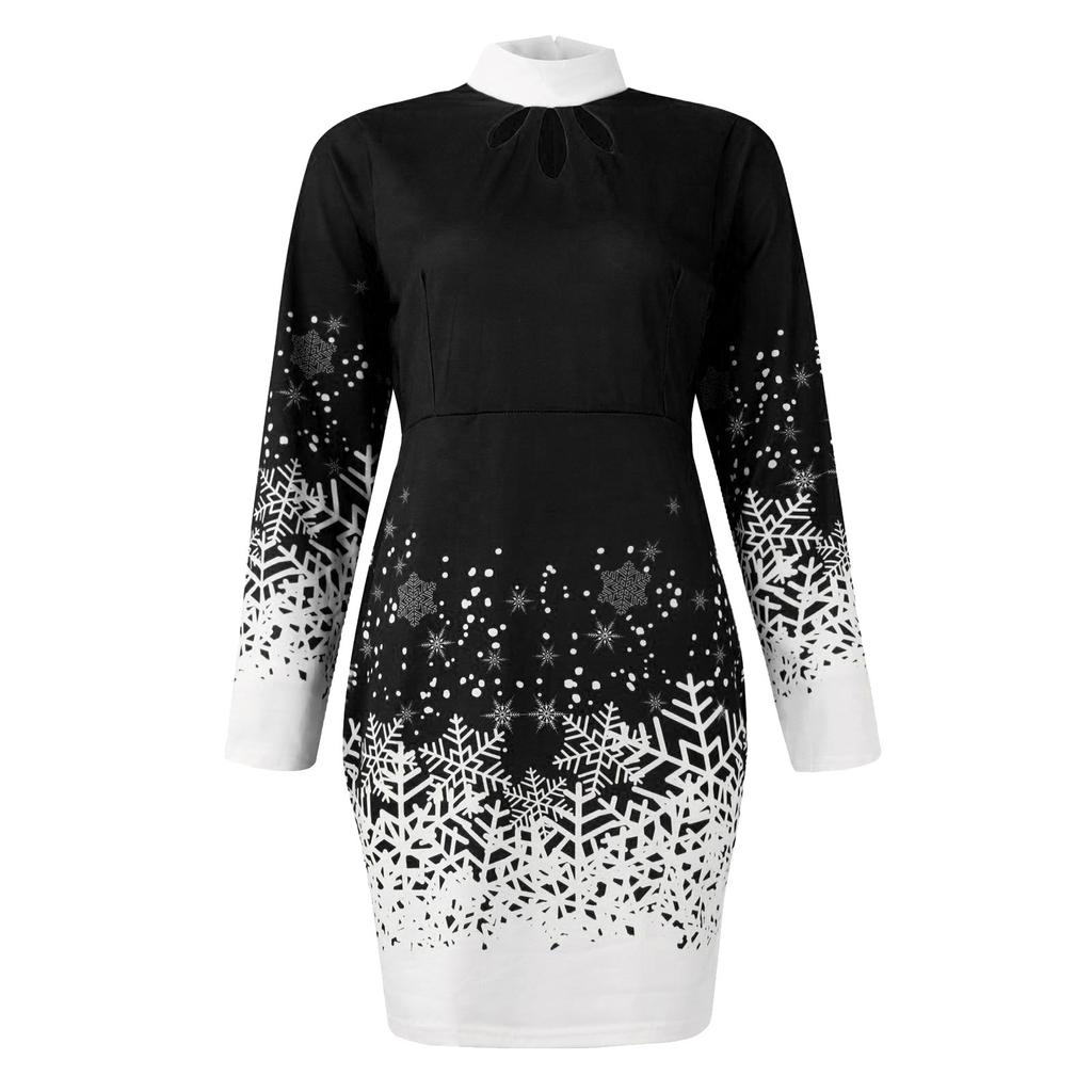 Women's Christmas Party Fashion Cut-out Crewneck Print Long-sleeved Dress