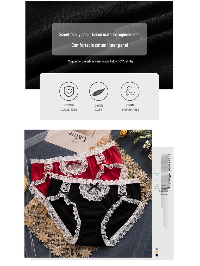 Женские милые хлопковые трусики с бантиком и кружевом средней посадки