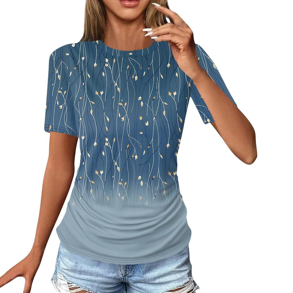 Women's T Shirts Fashion Casual Tops Round Neck Short Sleeve Printed Tunic