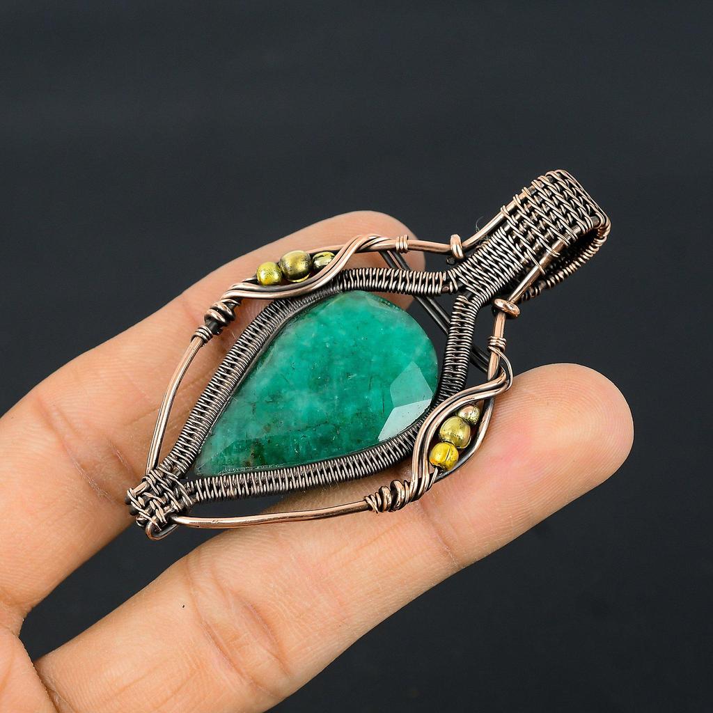 Изумрудная подвеска, Подвеска из медной проволоки 999 пробы, Ювелирные изделия с драгоценными камнями, Подвеска ручной работы, Потрясающие украшения, Подарок для нее
