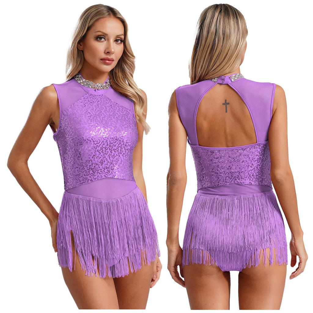 Женский купальник с блестками и кисточками для латинских джазовых танцев, боди с перекрещенной спиной, лирический танцевальный костюм