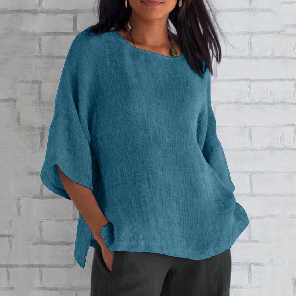 Women's Fashion Half Sleeve Round Neck Solid Colour Loose Casual Shirt Top